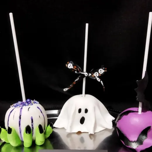 Manzanas de Halloween: calabaza blanca, fantasma y morada